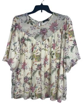 Lane Bryant 26/28 Floral Sheer Mesh Spring Romantic Top Lined Bubble Sleeve